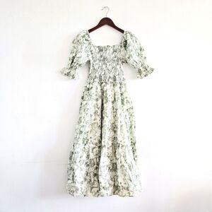 Smocked Square-Neck Puff Sleeve Dress in Sage Floral